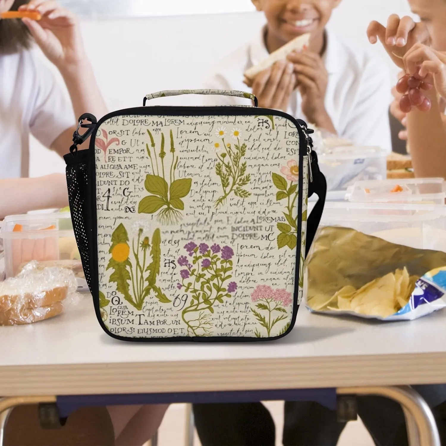 Hapuxt Lunch Box Lunch Bag with Adjustable Shoulder Strap Tote for Women Men Drawn Medicinal Herbs Retro Style Insulated Waterproof Resable Zipper Outdoor Work Office Picnic