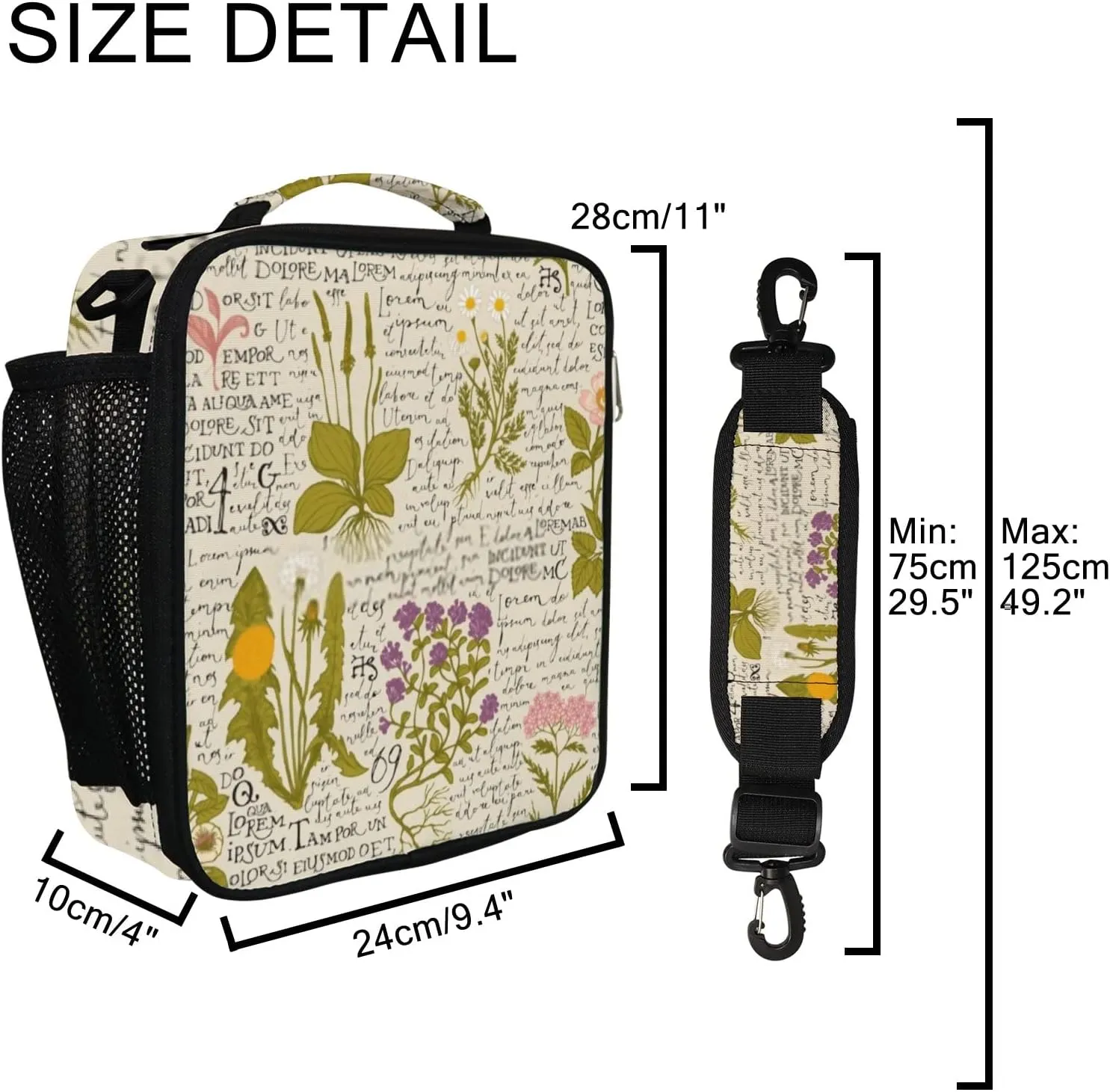 Hapuxt Lunch Box Lunch Bag with Adjustable Shoulder Strap Tote for Women Men Drawn Medicinal Herbs Retro Style Insulated Waterproof Resable Zipper Outdoor Work Office Picnic