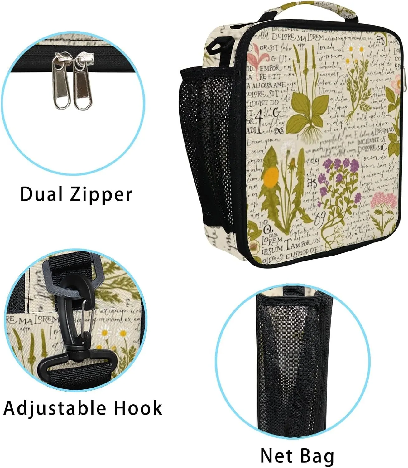 Hapuxt Lunch Box Lunch Bag with Adjustable Shoulder Strap Tote for Women Men Drawn Medicinal Herbs Retro Style Insulated Waterproof Resable Zipper Outdoor Work Office Picnic