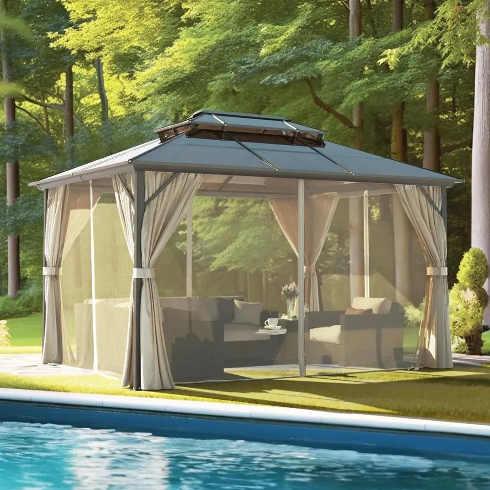 Hardtop Double Roof Canopy Gazebo with Polycarbonate Permanent Frame Pavilion with Curtains and Netting.