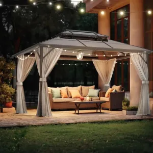 Hardtop Double Roof Canopy Gazebo with Polycarbonate Permanent Frame Pavilion with Curtains and Netting.