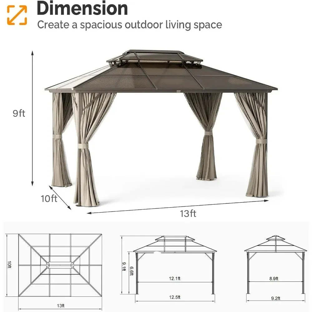Hardtop Double Roof Canopy Gazebo with Polycarbonate Permanent Frame Pavilion with Curtains and Netting.