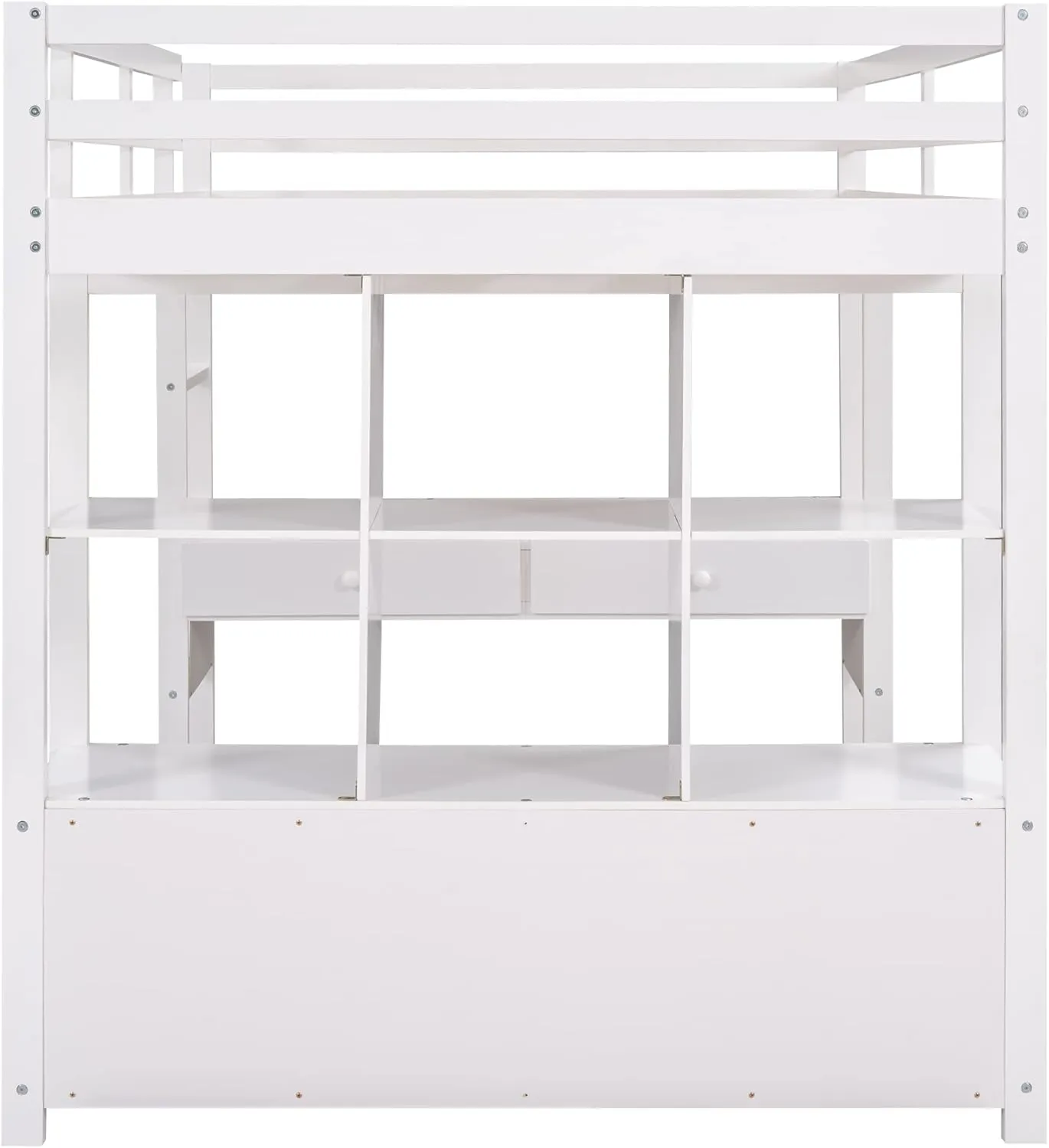 Harper & Bright Designs Full Size Loft Bed with Built-in Desk, 2 Drawers and Storage Shelves, Solid Wood Loft Bed Frame with Ladder and Full Length Guardrail, White