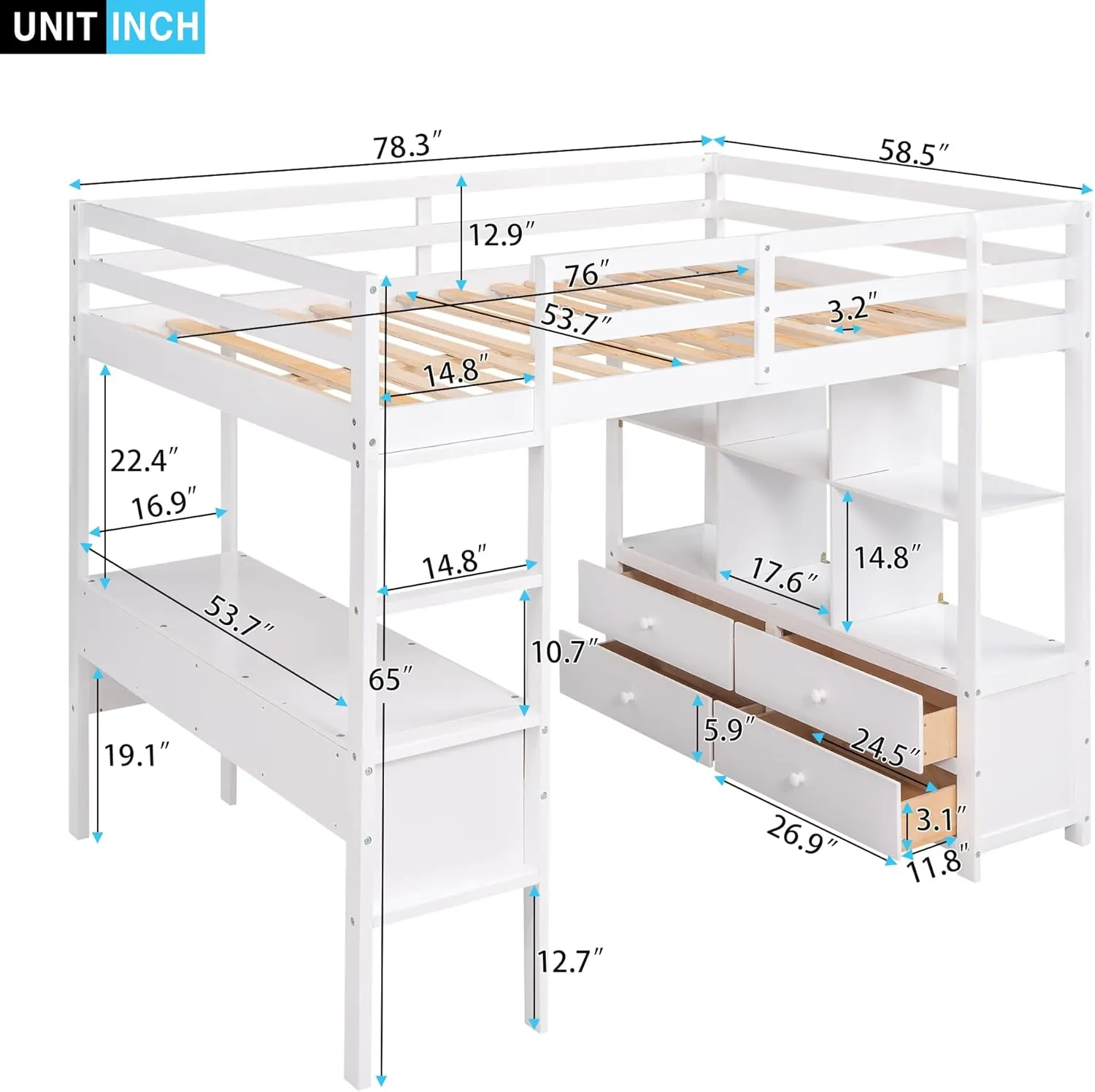 Harper & Bright Designs Full Size Loft Bed with Built-in Desk, 2 Drawers and Storage Shelves, Solid Wood Loft Bed Frame with Ladder and Full Length Guardrail, White