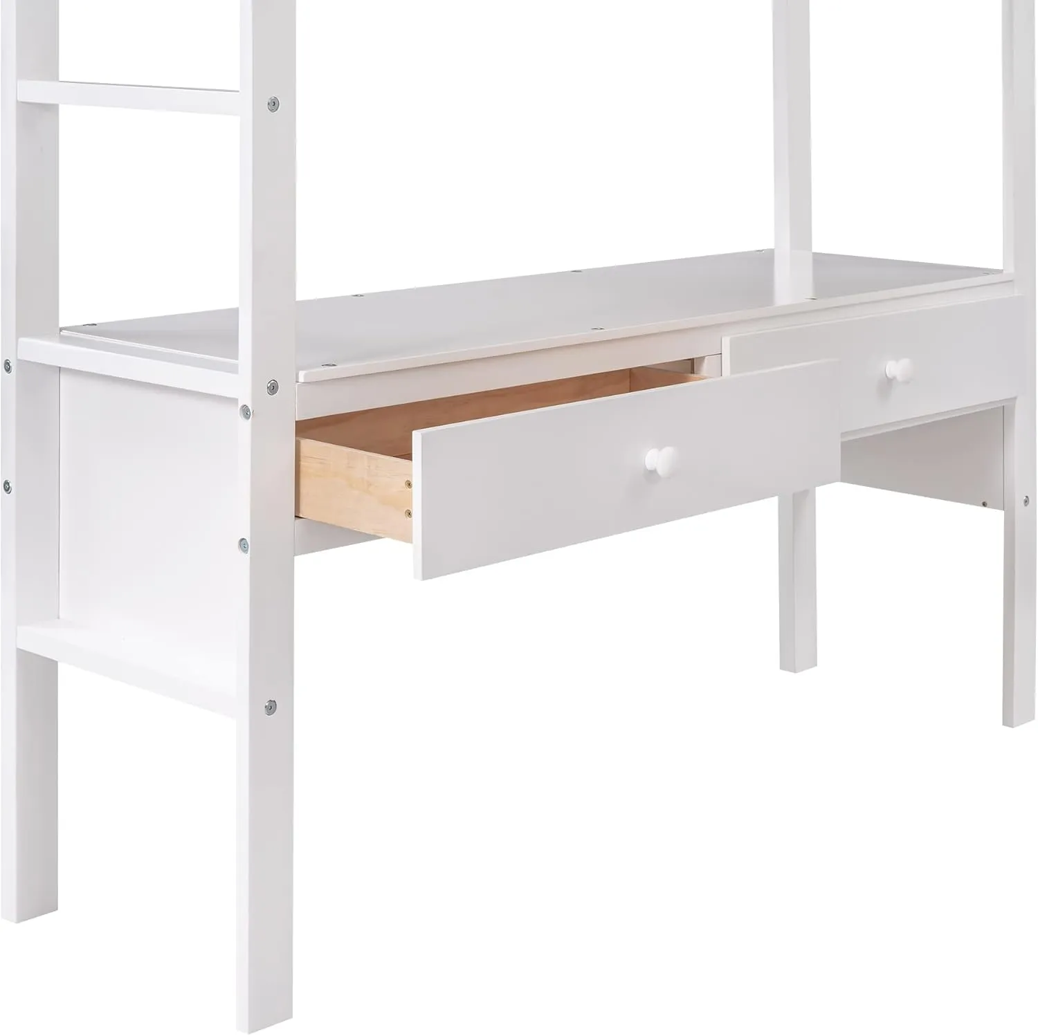 Harper & Bright Designs Full Size Loft Bed with Built-in Desk, 2 Drawers and Storage Shelves, Solid Wood Loft Bed Frame with Ladder and Full Length Guardrail, White