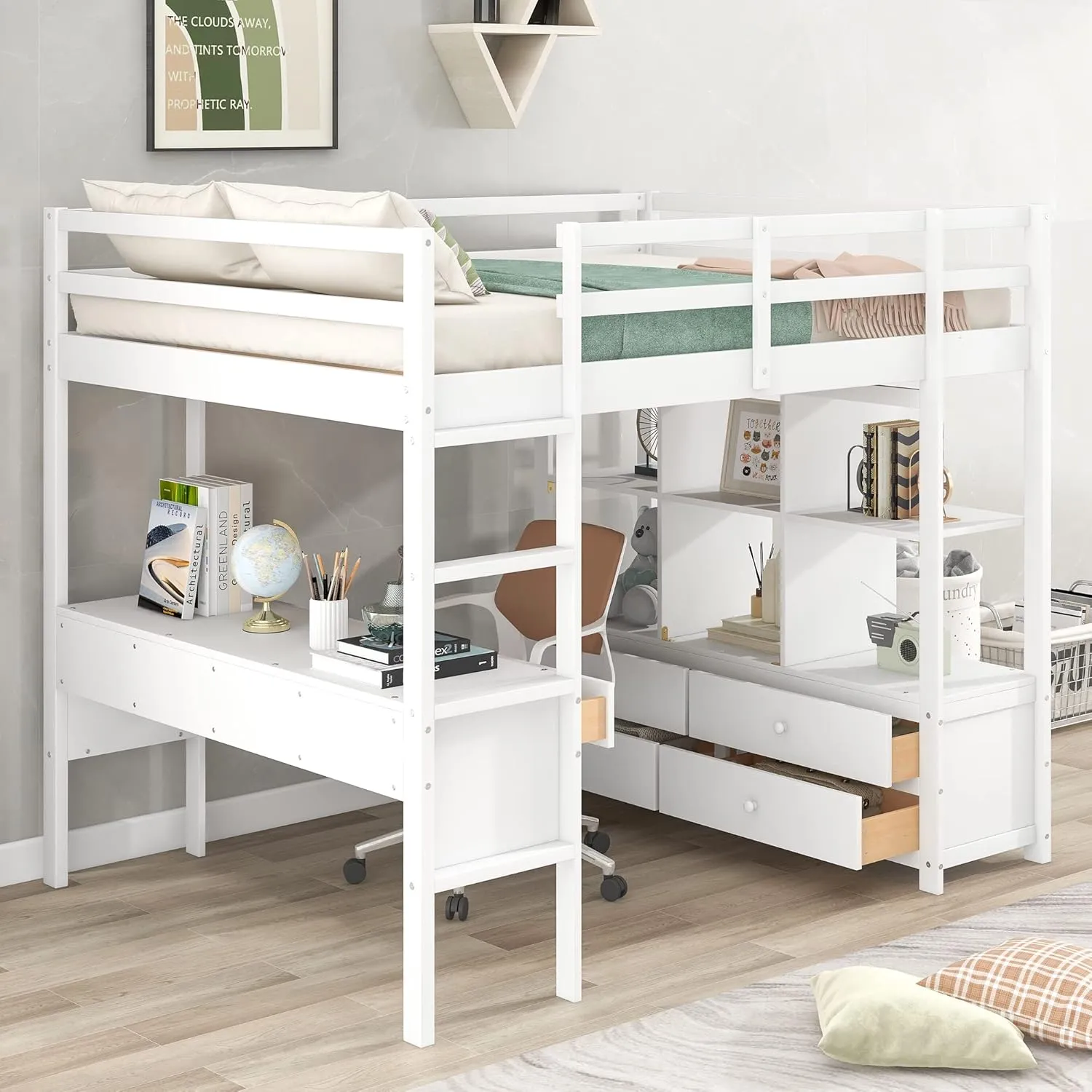 Harper & Bright Designs Full Size Loft Bed with Built-in Desk, 2 Drawers and Storage Shelves, Solid Wood Loft Bed Frame with Ladder and Full Length Guardrail, White