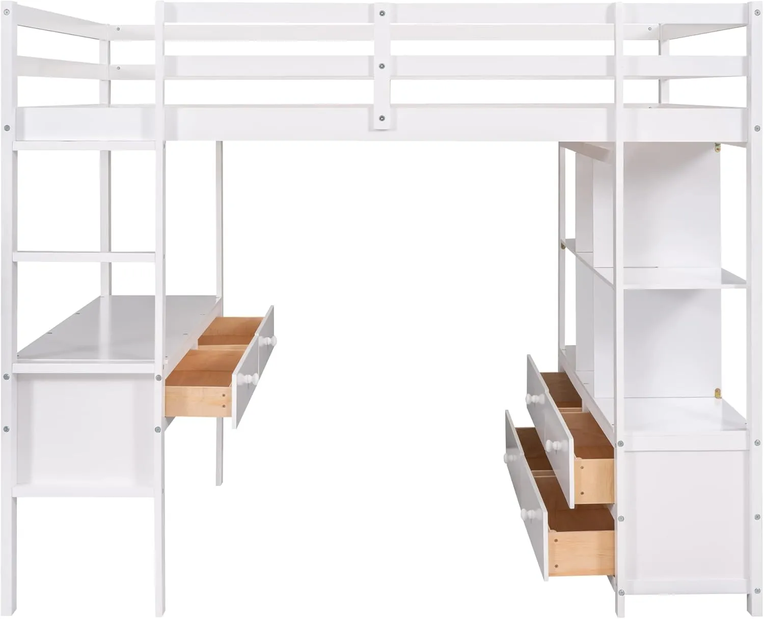 Harper & Bright Designs Full Size Loft Bed with Built-in Desk, 2 Drawers and Storage Shelves, Solid Wood Loft Bed Frame with Ladder and Full Length Guardrail, White