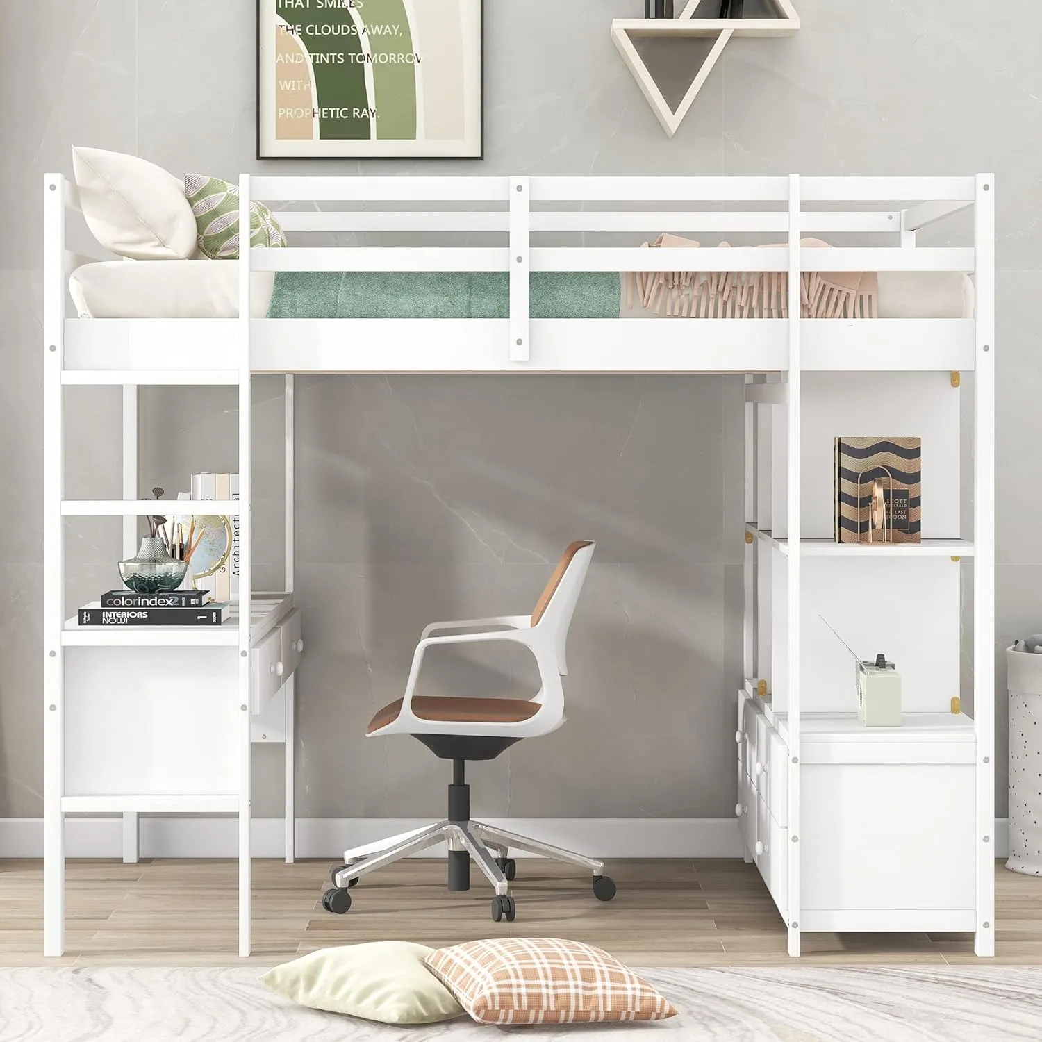 Harper & Bright Designs Full Size Loft Bed with Built-in Desk, 2 Drawers and Storage Shelves, Solid Wood Loft Bed Frame with Ladder and Full Length Guardrail, White