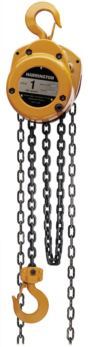 Harrington CF Series Die-Cast Aluminum Body Hand Chain Hoist, 1/2 Ton Capacity, 15' Lift Height, 13.5' Hand Chain Drop, 12.8" Headroom