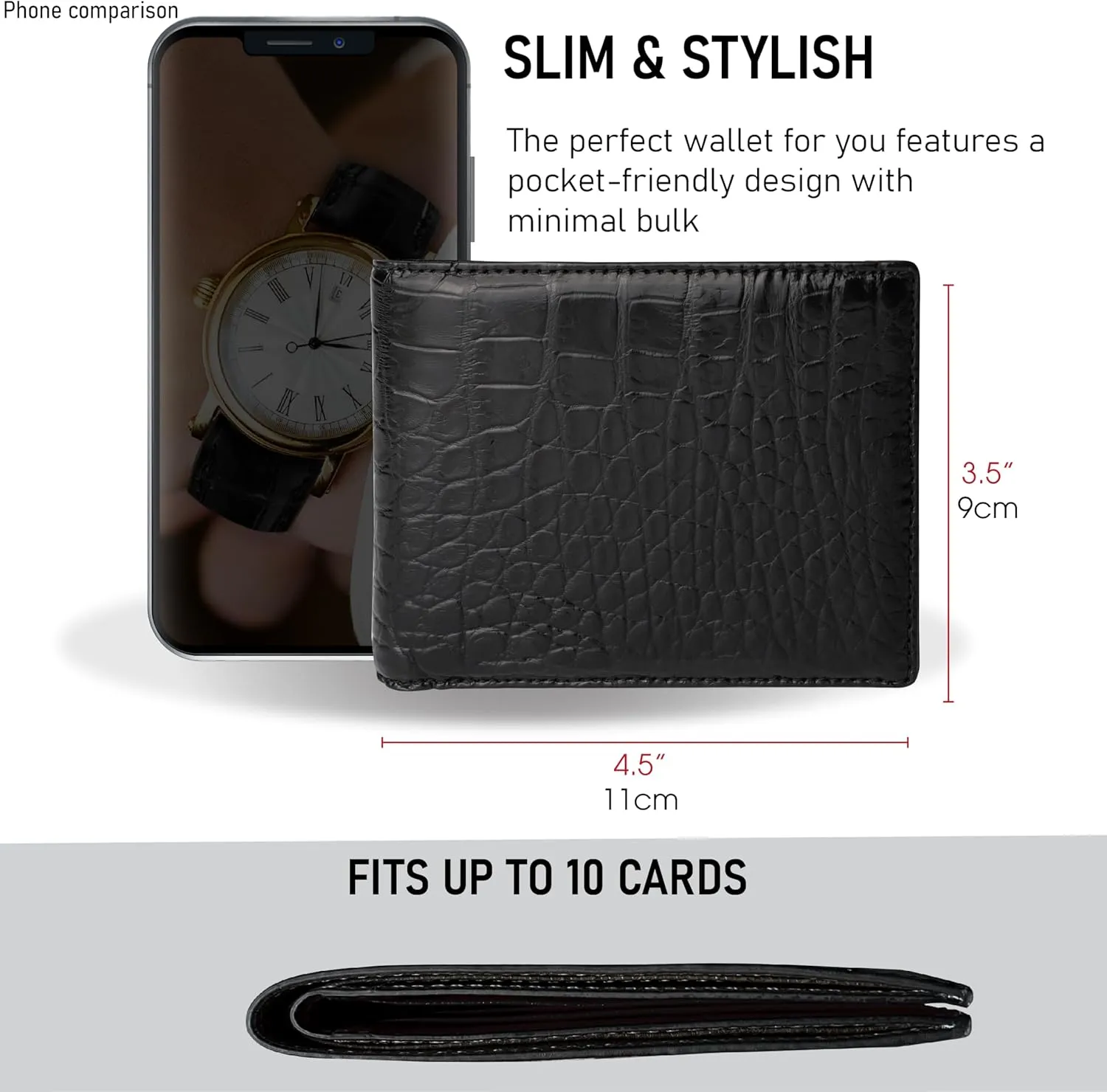 HATA Men Leather Wallet Croc RFID Blocking Front Pocket AIIigator Handmade Gift For Birthday Wedding Anniversary Father's Day
