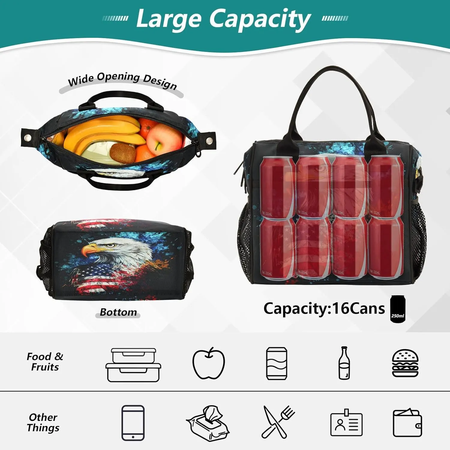 Hawk Flag Dark Lunch Bag for Women Insulated Soft Cooler Bag with Adjustable Shoulder Strap for Adults Women S