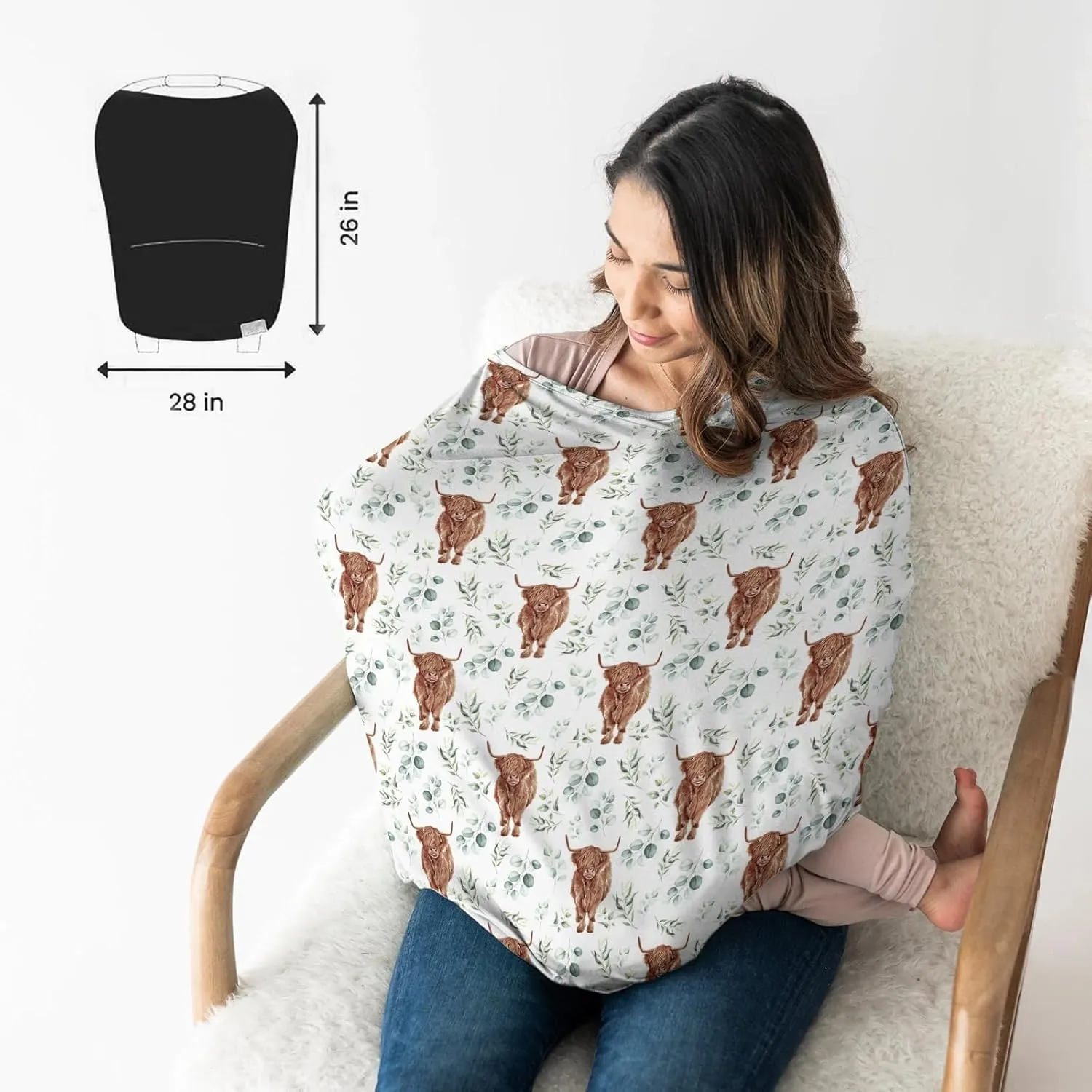 HawSkgFub Highland Cow Eucalyptus Leaf 5-in-1 Car Seat Cover for Baby Boy Cow Lover Gift, Western Cowboy Privacy Breastfeeding Nursing Cover, Newborn Infant Multi-use Carseat Canopy Carrier