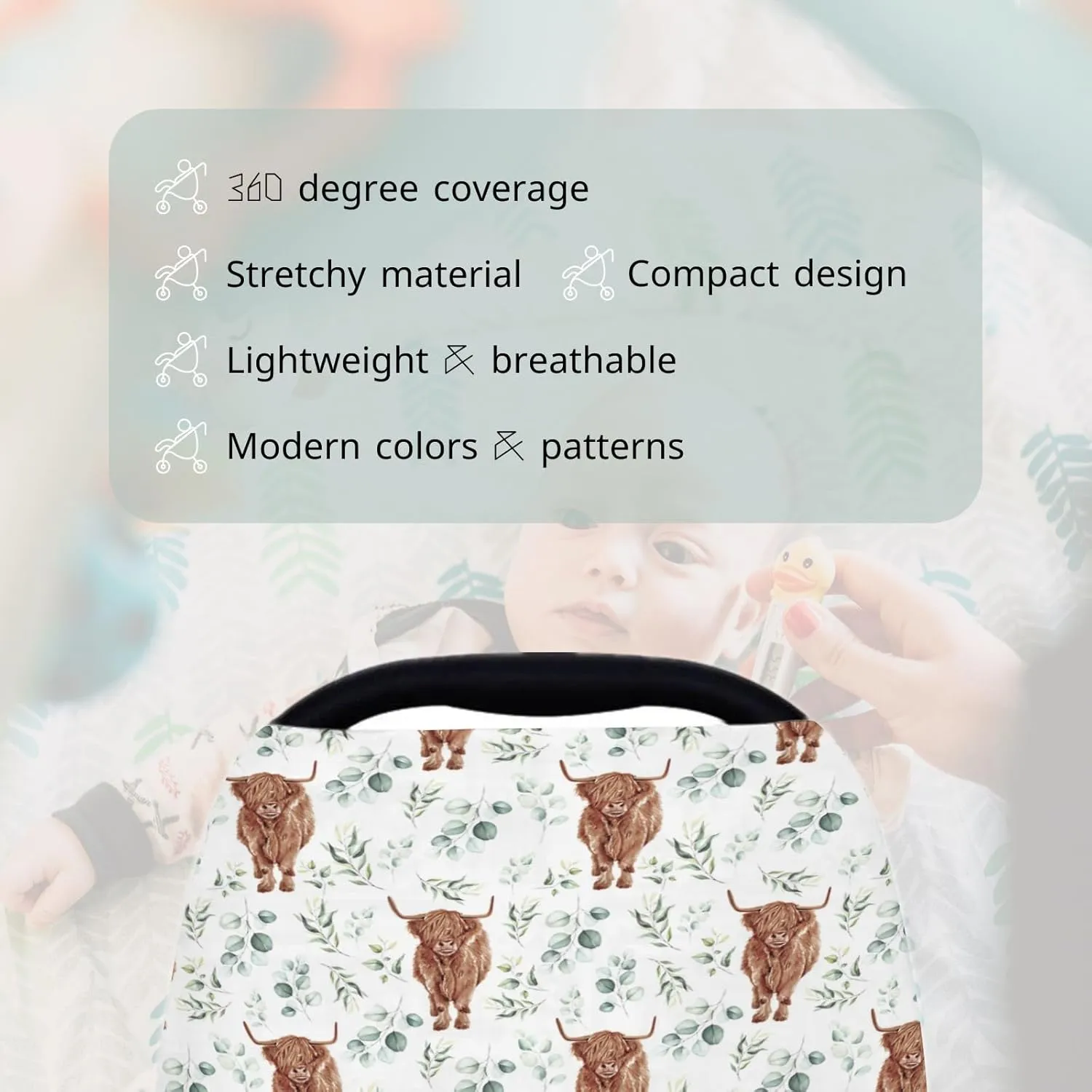 HawSkgFub Highland Cow Eucalyptus Leaf 5-in-1 Car Seat Cover for Baby Boy Cow Lover Gift, Western Cowboy Privacy Breastfeeding Nursing Cover, Newborn Infant Multi-use Carseat Canopy Carrier