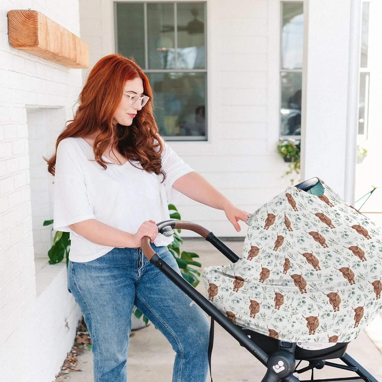 HawSkgFub Highland Cow Eucalyptus Leaf 5-in-1 Car Seat Cover for Baby Boy Cow Lover Gift, Western Cowboy Privacy Breastfeeding Nursing Cover, Newborn Infant Multi-use Carseat Canopy Carrier