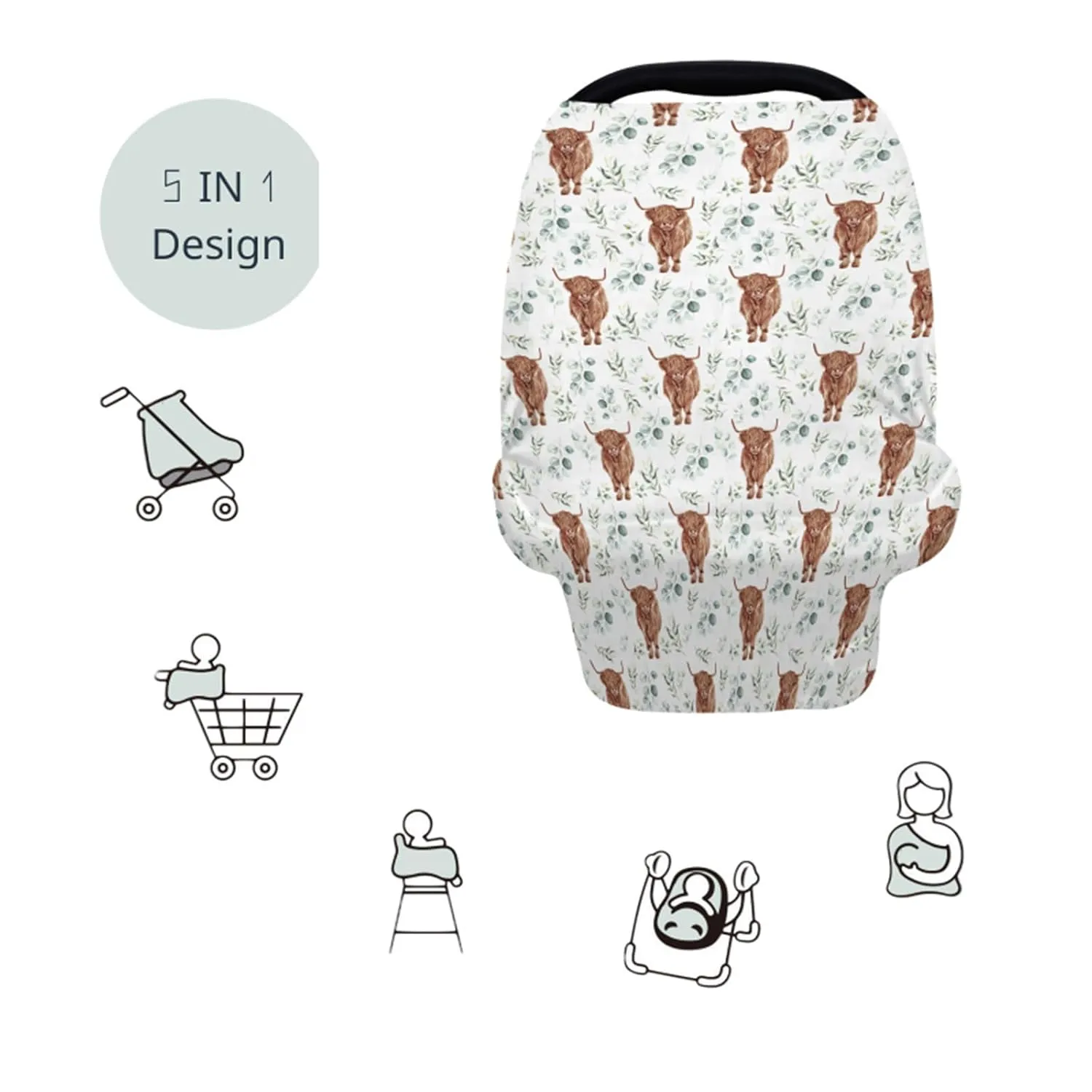 HawSkgFub Highland Cow Eucalyptus Leaf 5-in-1 Car Seat Cover for Baby Boy Cow Lover Gift, Western Cowboy Privacy Breastfeeding Nursing Cover, Newborn Infant Multi-use Carseat Canopy Carrier