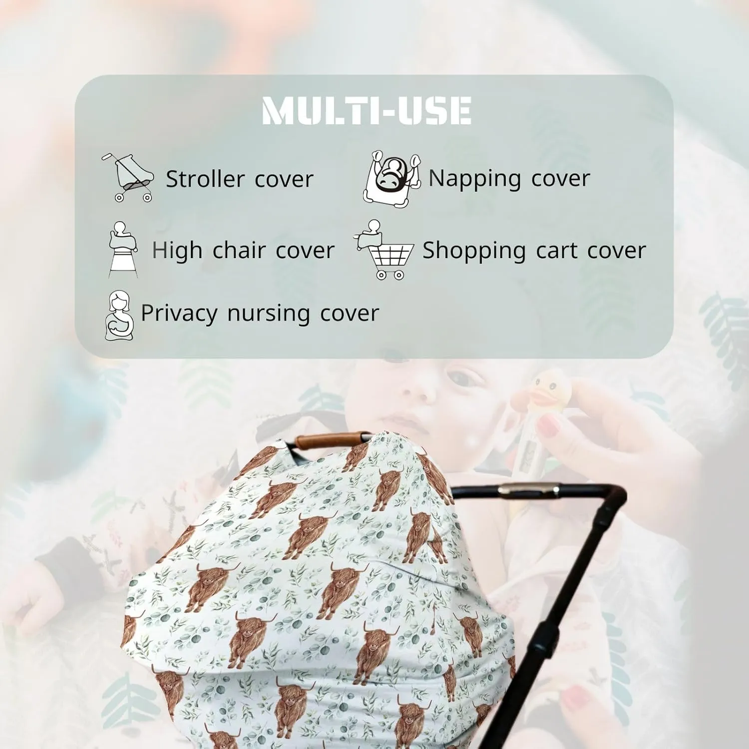 HawSkgFub Highland Cow Eucalyptus Leaf 5-in-1 Car Seat Cover for Baby Boy Cow Lover Gift, Western Cowboy Privacy Breastfeeding Nursing Cover, Newborn Infant Multi-use Carseat Canopy Carrier