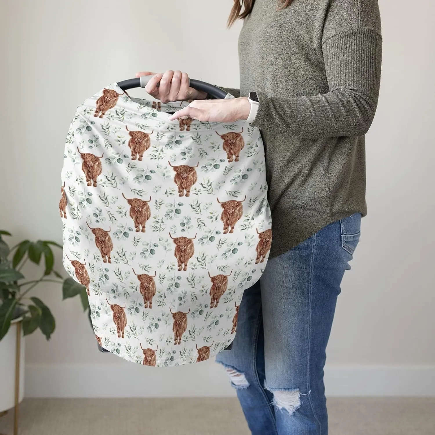 HawSkgFub Highland Cow Eucalyptus Leaf 5-in-1 Car Seat Cover for Baby Boy Cow Lover Gift, Western Cowboy Privacy Breastfeeding Nursing Cover, Newborn Infant Multi-use Carseat Canopy Carrier