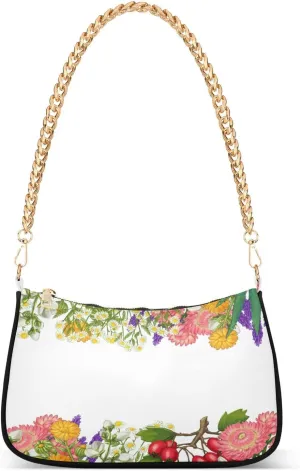 Herbs Hawthorn Chamomile Poppy Calendula Womens Shoulder Bag for Women Girls Hobo Tote Handbag Gold Chain Crossbody Bag with Zipper Clutch Purse Handbags
