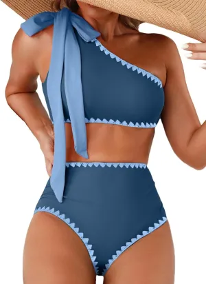 Herseas Women's One Bow Shoulder Bikini Sets 2 Piece Ruched Swimsuit Elegant Bathing Suit