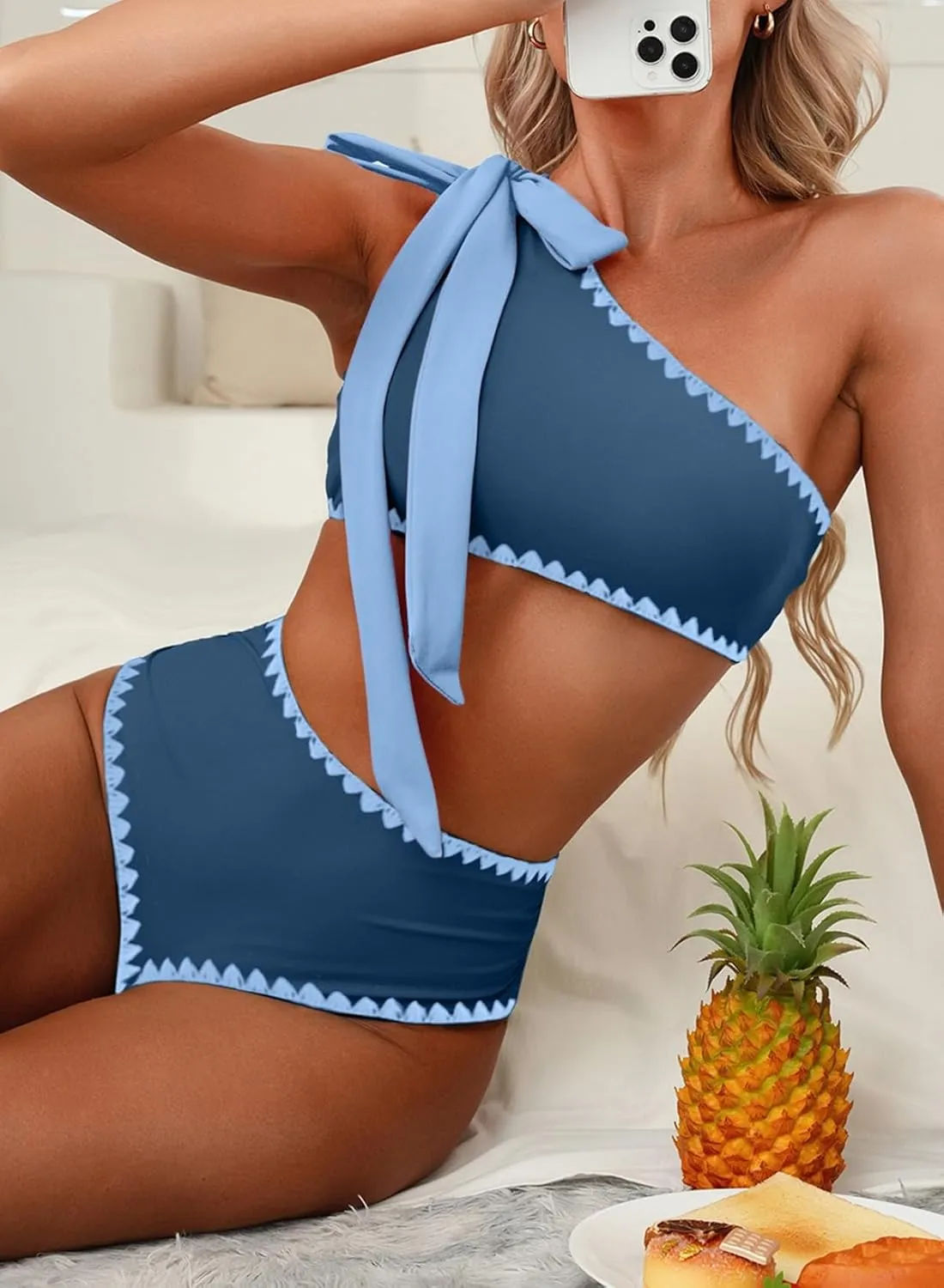 Herseas Women's One Bow Shoulder Bikini Sets 2 Piece Ruched Swimsuit Elegant Bathing Suit