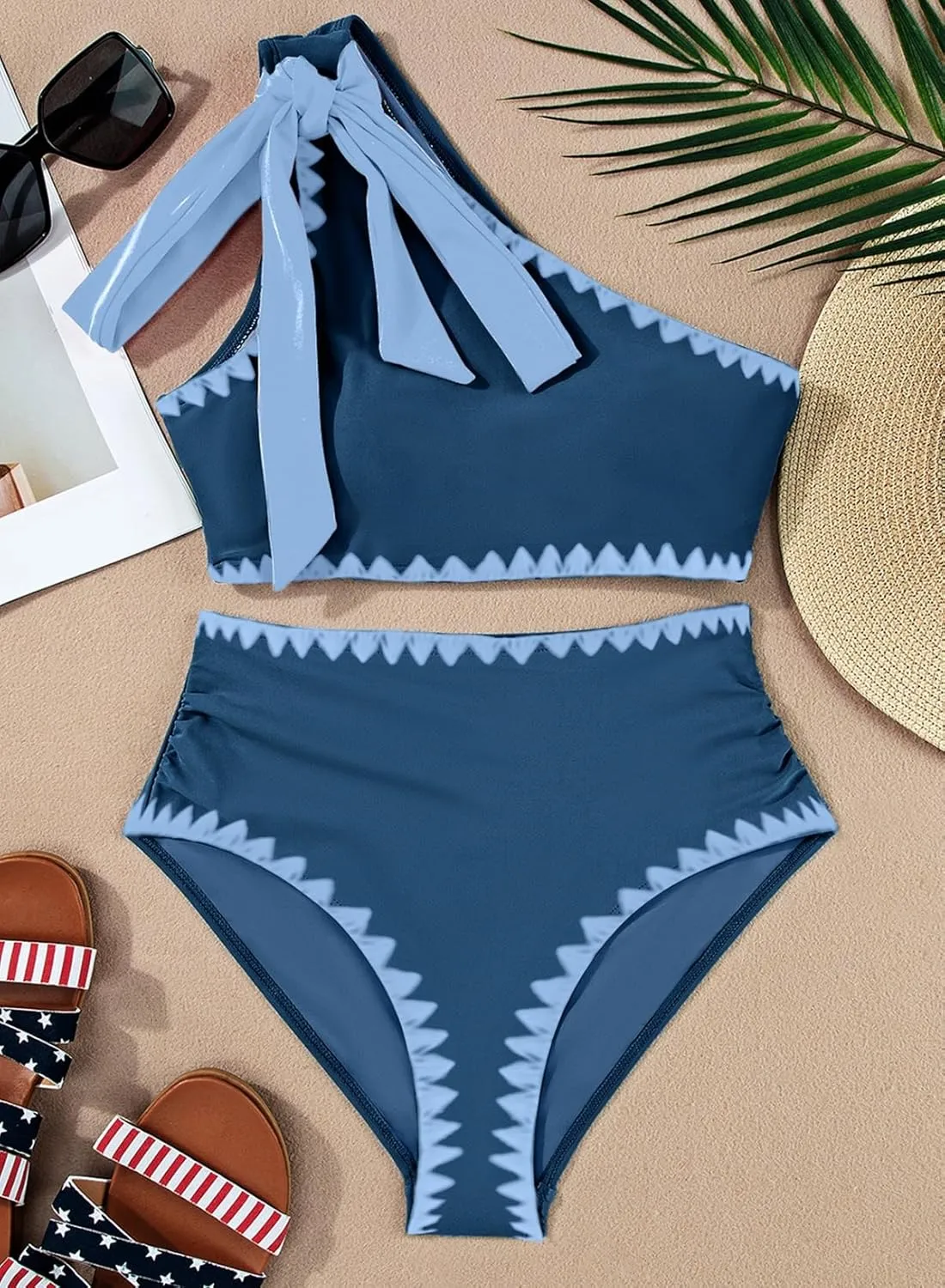 Herseas Women's One Bow Shoulder Bikini Sets 2 Piece Ruched Swimsuit Elegant Bathing Suit