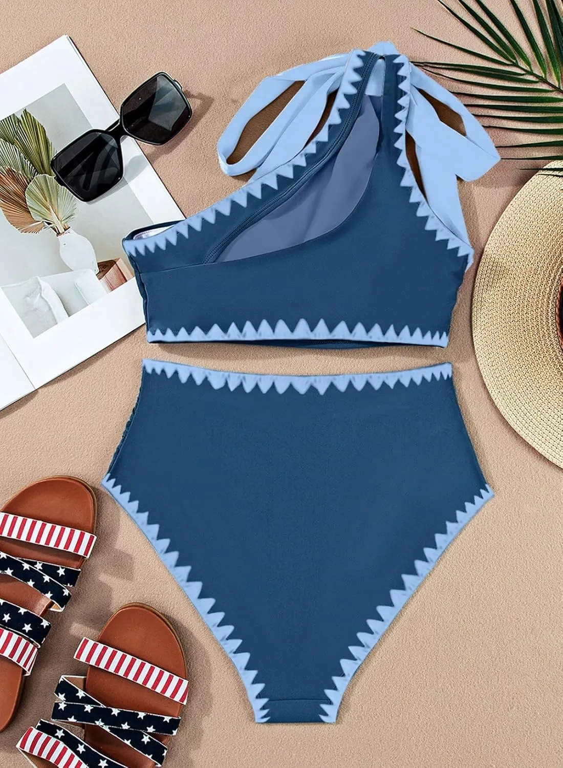 Herseas Women's One Bow Shoulder Bikini Sets 2 Piece Ruched Swimsuit Elegant Bathing Suit