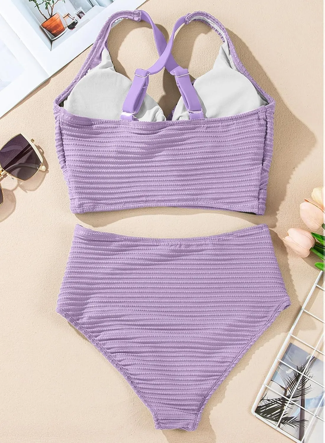 Herseas Women's Textured Bikini Sets Twist Front Top Swimsuits High Waisted Bathing Suits