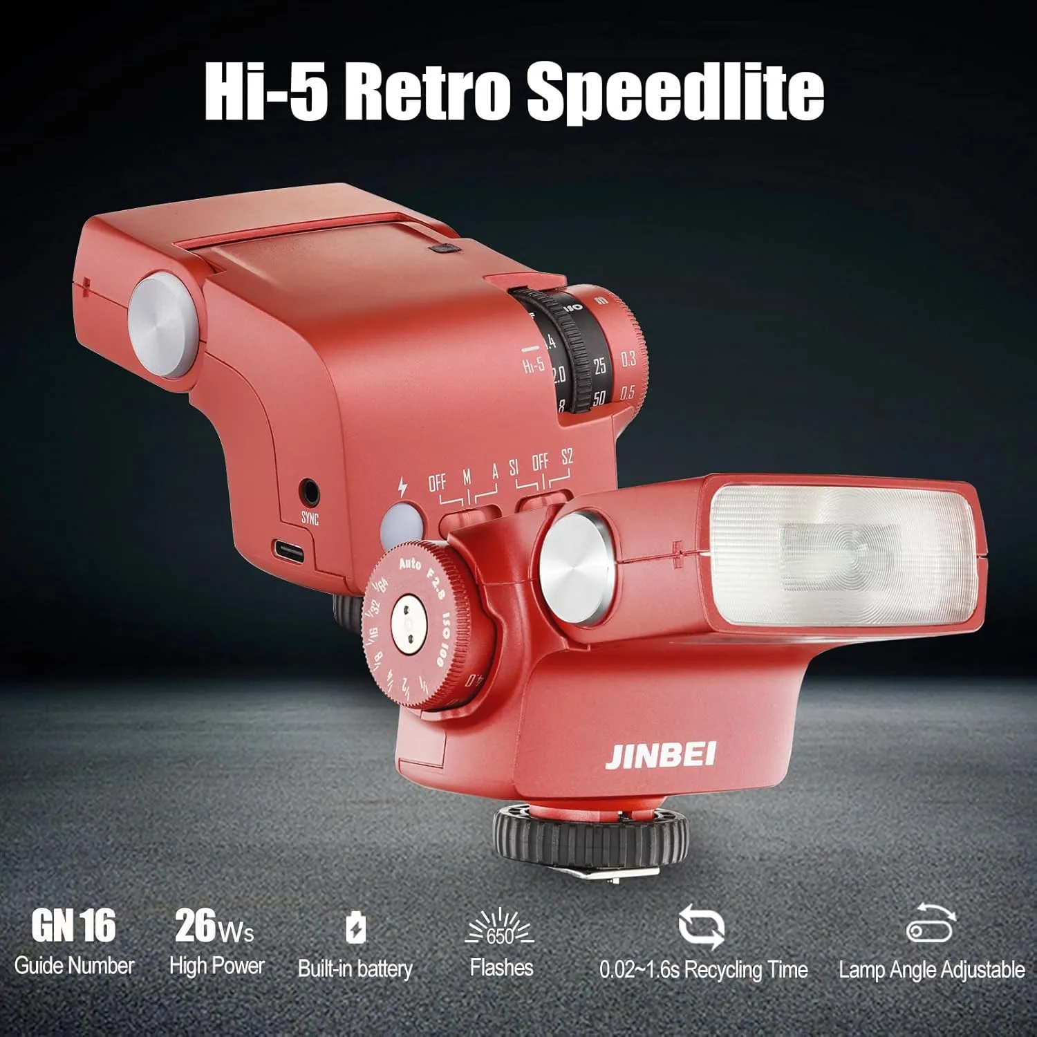 Hi5 Retro Camera Flash with Adjustable Head & Built-in 2500mAh Li-ion Battery, GN16 6000K±200K, S1/S2 Modes, for Sony/Canon/Nikon/Fuji/Olympus Hot Shoe Cameras​​