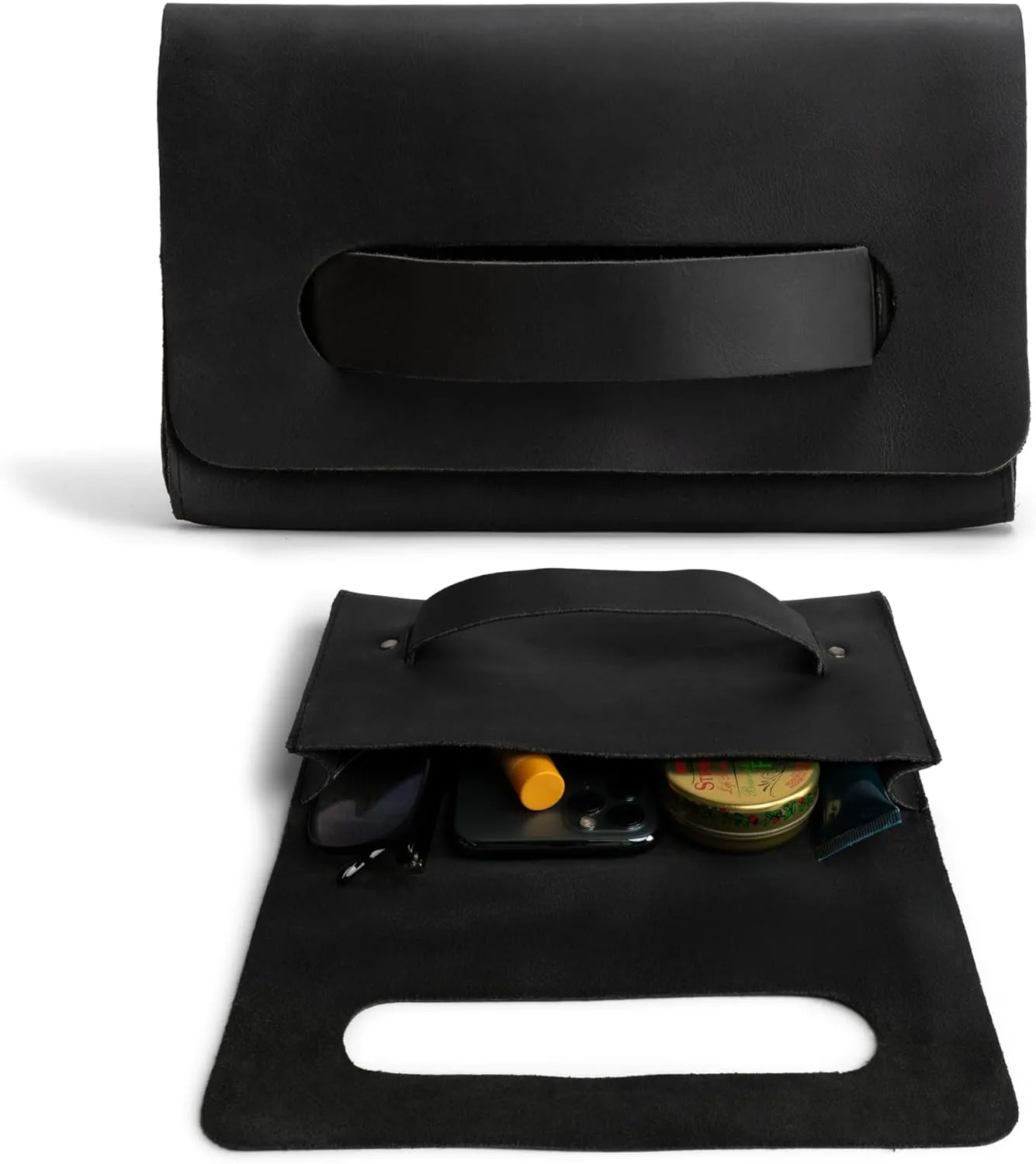 Hide & Drink, Rectangular Clutch Bag With Handle, Wallet for Cards, Money, Stylish Handbag, Full Grain Leather, Handmade, Charcoal Black
