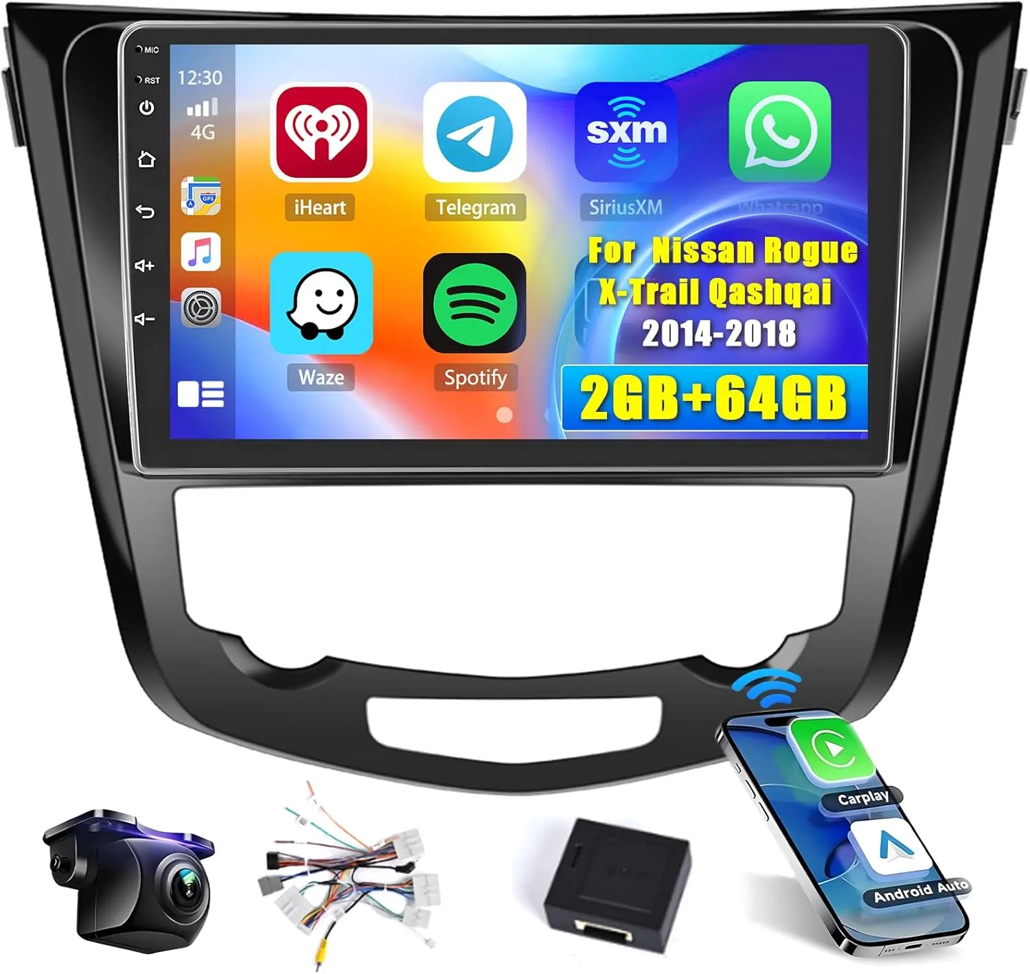 Hikity Android Car Stereo for Nissan Rogue X-Trail Qashqai 2014-2018 Radio 2 64GB 10.1 Inch Touchscreen Car Radio Carplay Android Auto Support GPS Navigation WiFi Bluetooth FM EQ Backup Camera