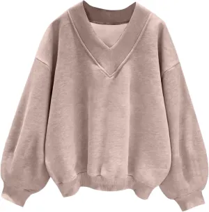 Hilinker Womens V Neck Oversized Sweatshirts Casual Drop Shoulder Long Sleeve Pullover Tops