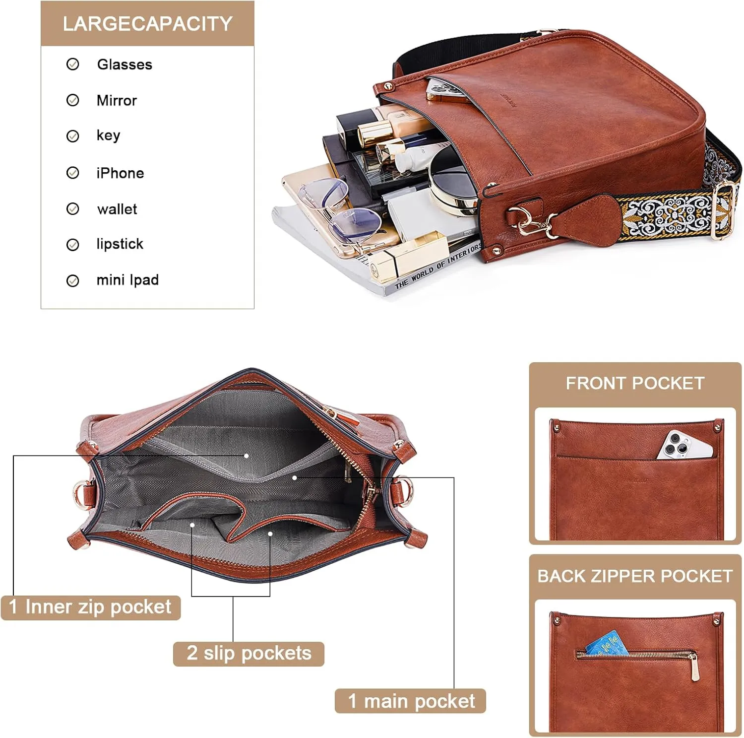 HKCLUF Crossbody Bag Purse for Women 2PCS/Set Leather Hobo Handbag Wallet Set With 2Adjustable Guitar Strap Shoulder Bag
