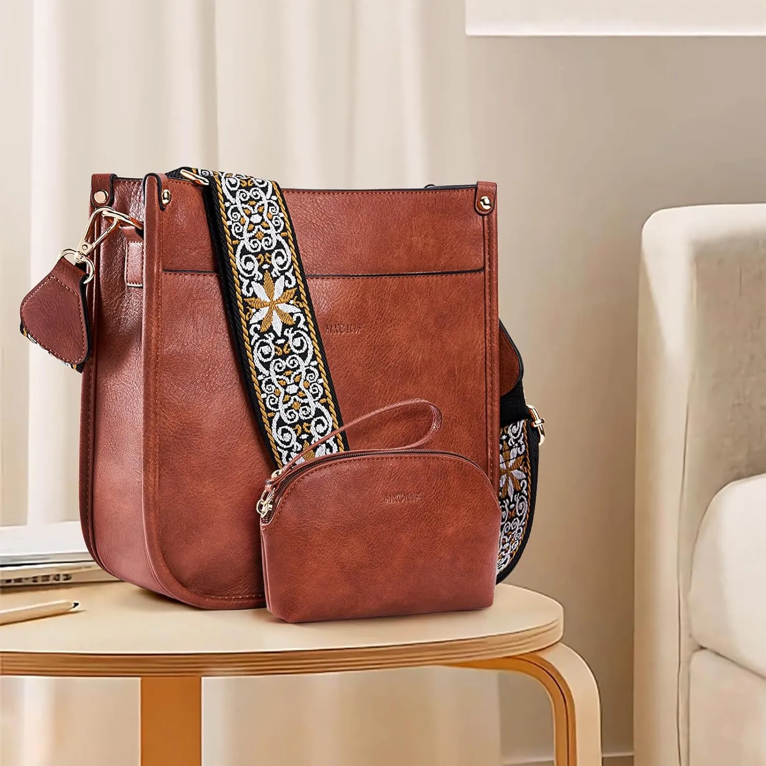 HKCLUF Crossbody Bag Purse for Women 2PCS/Set Leather Hobo Handbag Wallet Set With 2Adjustable Guitar Strap Shoulder Bag