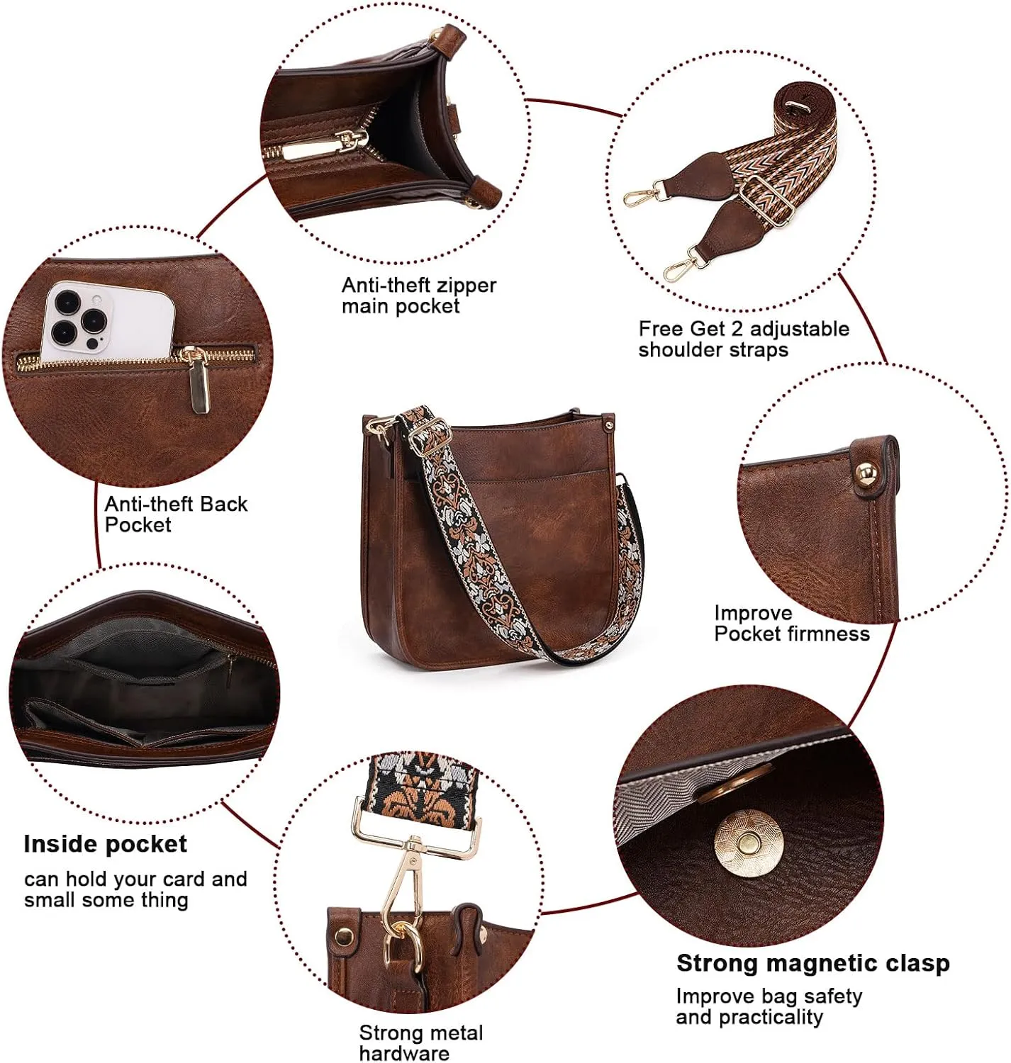 HKCLUF Crossbody Bag Purse for Women 2PCS/Set Leather Hobo Handbag Wallet Set With 2Adjustable Guitar Strap Shoulder Bag