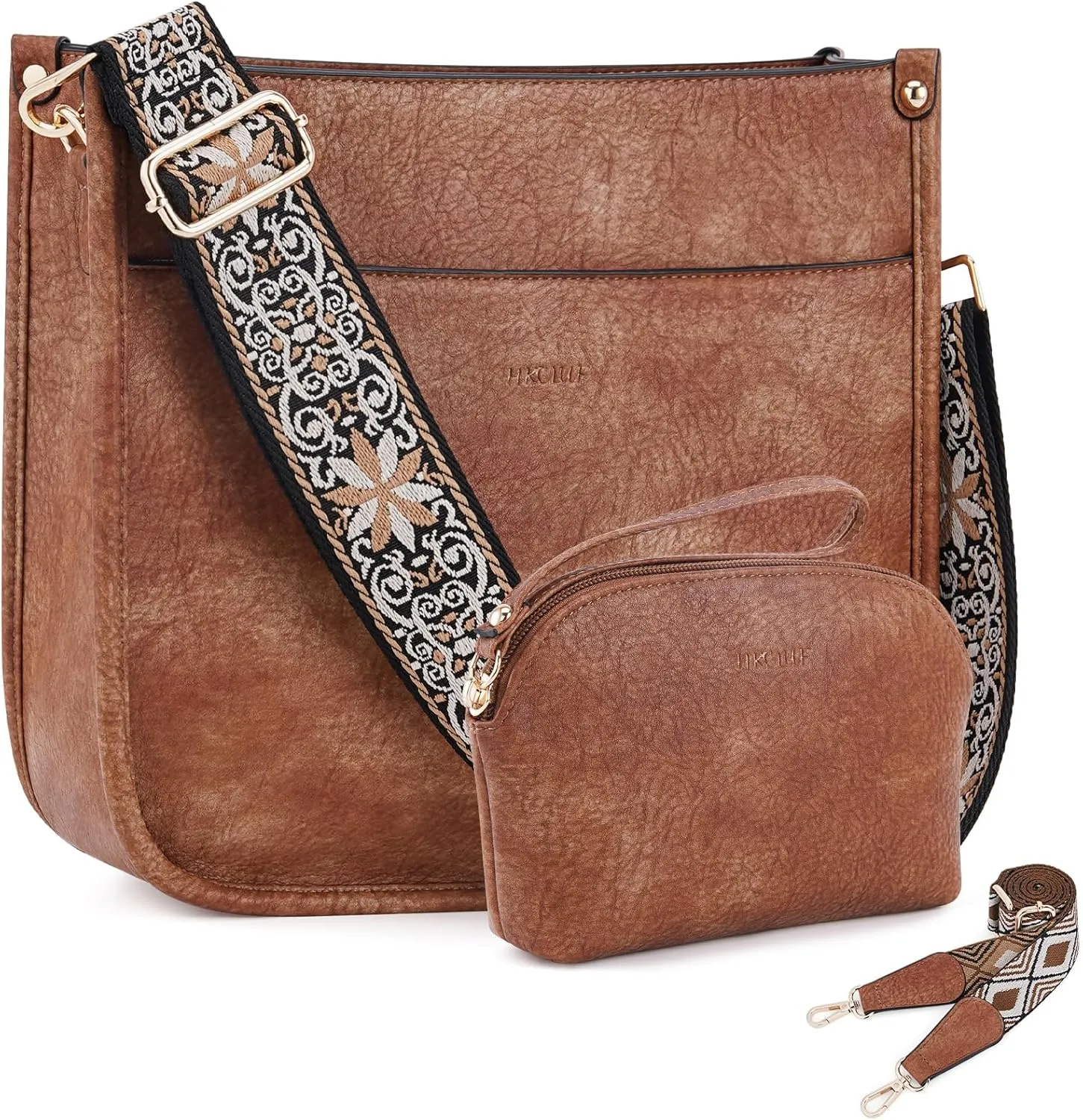 HKCLUF Crossbody Bag Purse for Women 2PCS/Set Leather Hobo Handbag Wallet Set With 2Adjustable Guitar Strap Shoulder Bag