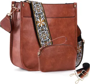 HKCLUF Crossbody Bag Purse for Women 2PCS/Set Leather Hobo Handbag Wallet Set With 2Adjustable Guitar Strap Shoulder Bag