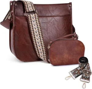 HKCLUF Crossbody Bag Purse for Women 2PCS/Set Leather Hobo Handbag Wallet Set With 2Adjustable Guitar Strap Shoulder Bag