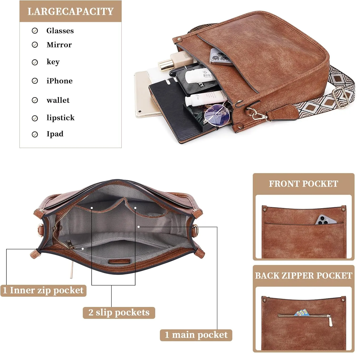 HKCLUF Crossbody Bag Purse for Women 2PCS/Set Leather Hobo Handbag Wallet Set With 2Adjustable Guitar Strap Shoulder Bag
