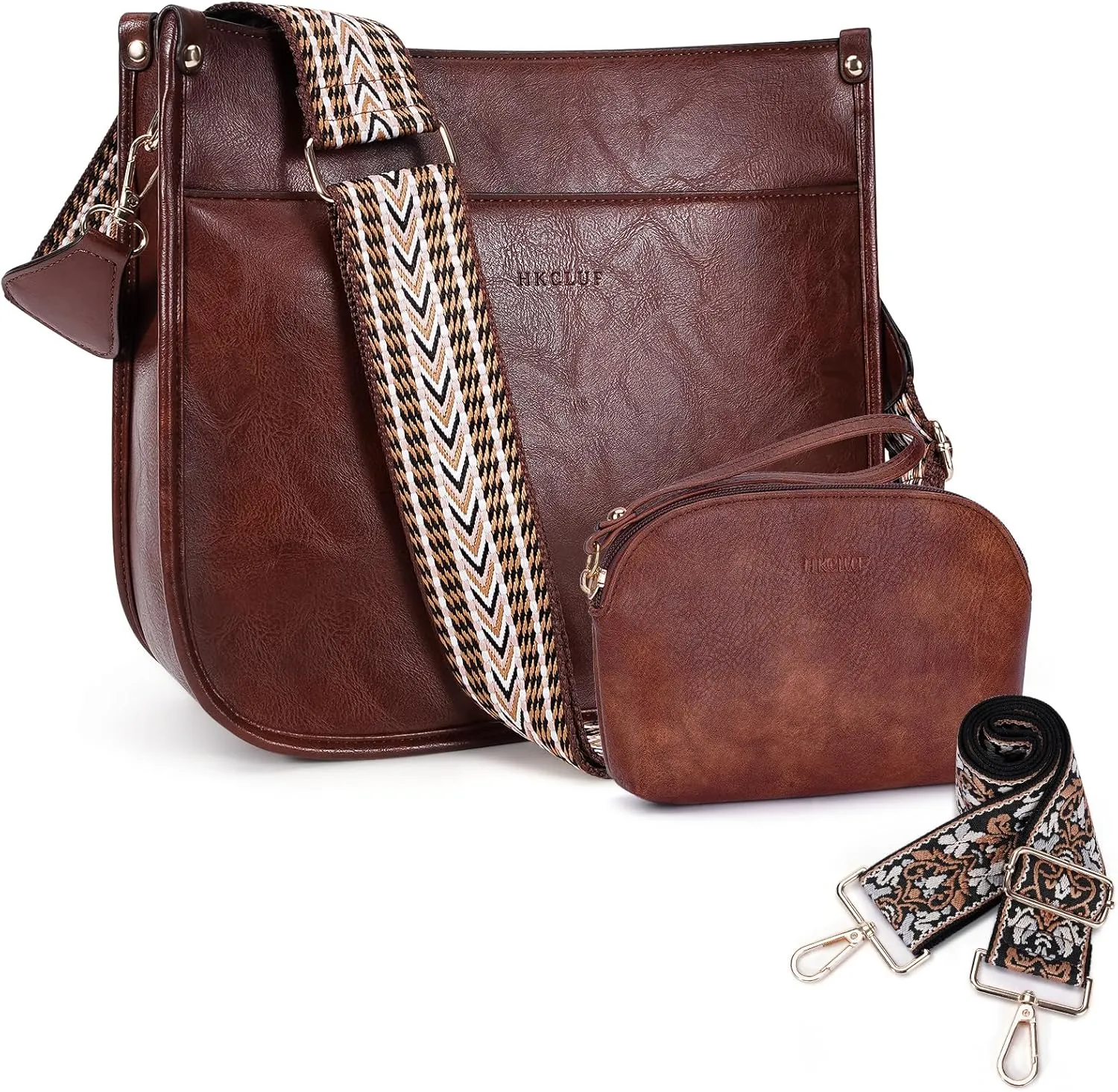 HKCLUF Crossbody Bag Purse for Women 2PCS/Set Leather Hobo Handbag Wallet Set With 2Adjustable Guitar Strap Shoulder Bag