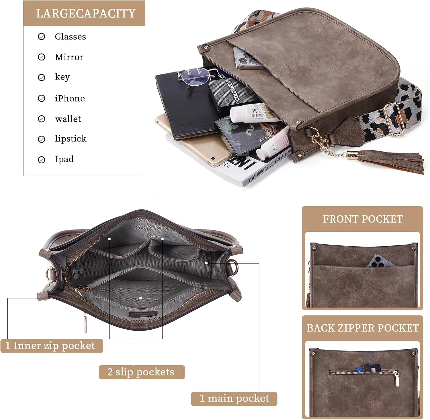 HKCLUF Crossbody Bag Purse for Women 2PCS/Set Leather Hobo Handbag Wallet Set With 2Adjustable Guitar Strap Shoulder Bag