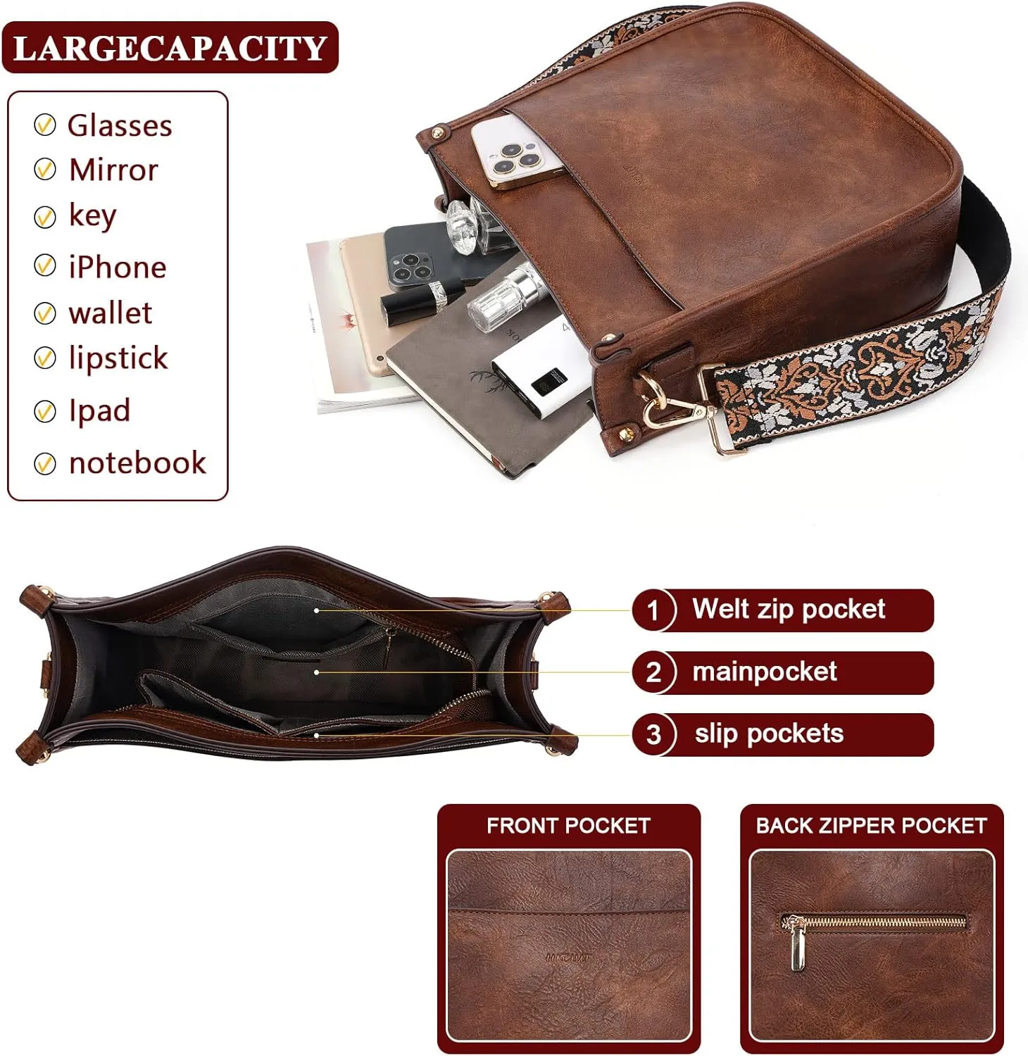 HKCLUF Crossbody Bag Purse for Women 2PCS/Set Leather Hobo Handbag Wallet Set With 2Adjustable Guitar Strap Shoulder Bag