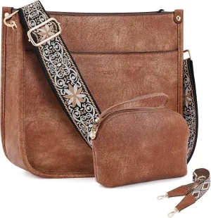 HKCLUF Crossbody Bag Purse for Women 2PCS/Set Leather Hobo Handbag Wallet Set With 2Adjustable Guitar Strap Shoulder Bag