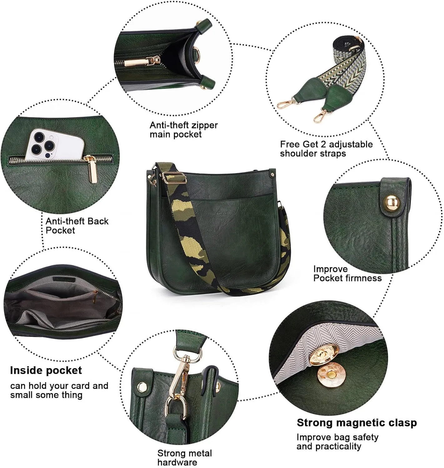 HKCLUF Crossbody Bags for Women Trendy Vegan Leather Hobo Handbags With 2PCS Adjustable Guitar Strap Shoulder Bucket Bags