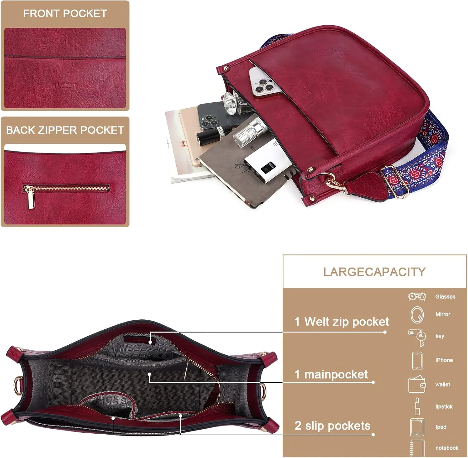 HKCLUF Crossbody Bags for Women Trendy Vegan Leather Hobo Handbags With 2PCS Adjustable Guitar Strap Shoulder Bucket Bags
