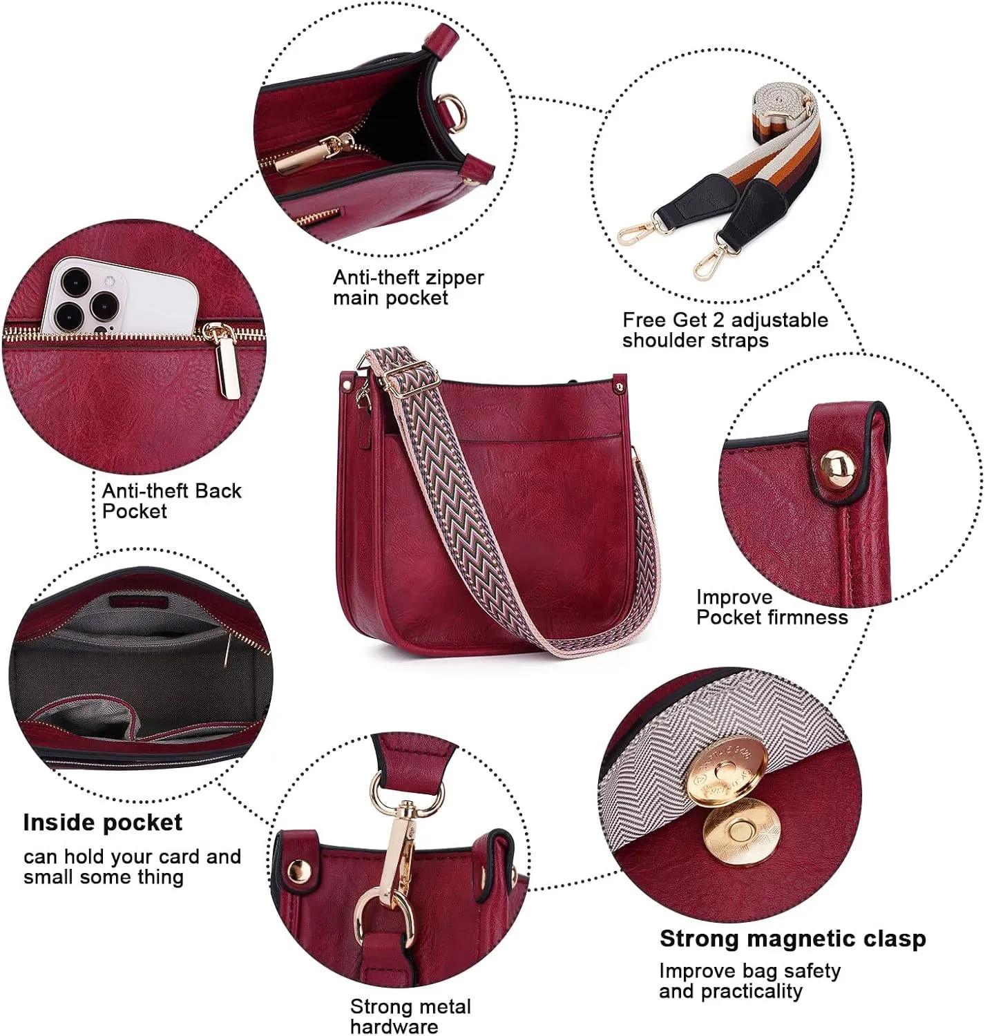HKCLUF Crossbody Bags for Women Trendy Vegan Leather Hobo Handbags With 2PCS Adjustable Guitar Strap Shoulder Bucket Bags