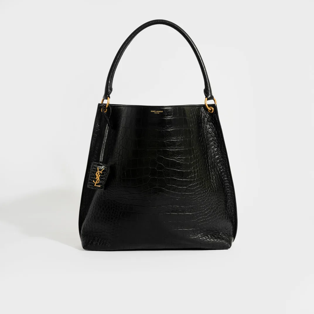Hobo Shoulder Bag in Black Mock Croc Leather