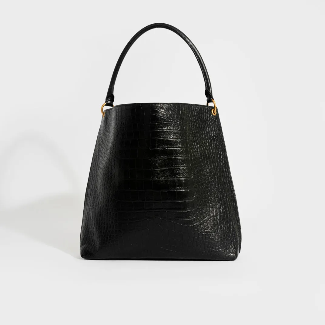 Hobo Shoulder Bag in Black Mock Croc Leather