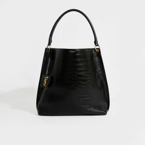 Hobo Shoulder Bag in Black Mock Croc Leather