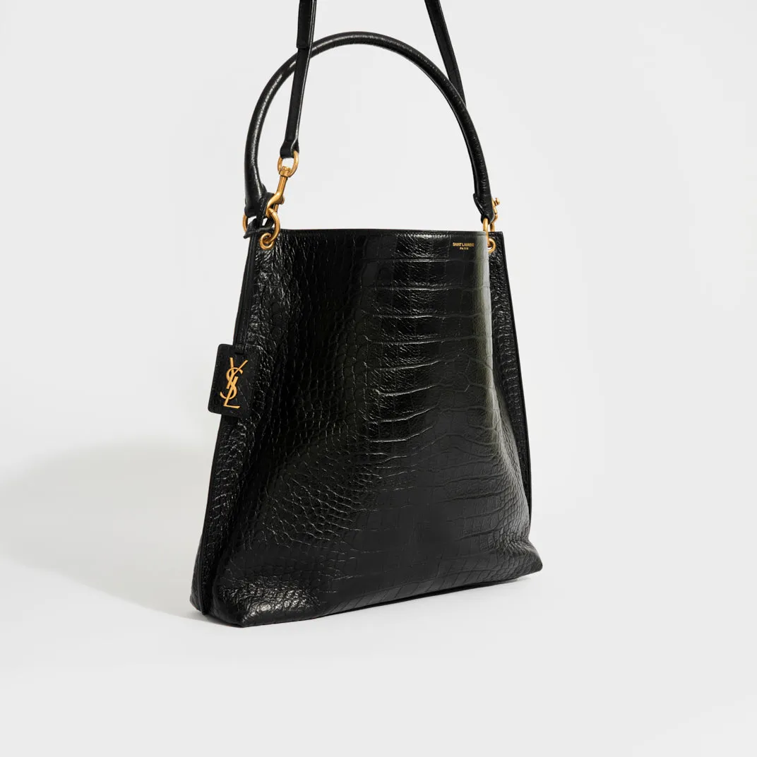 Hobo Shoulder Bag in Black Mock Croc Leather