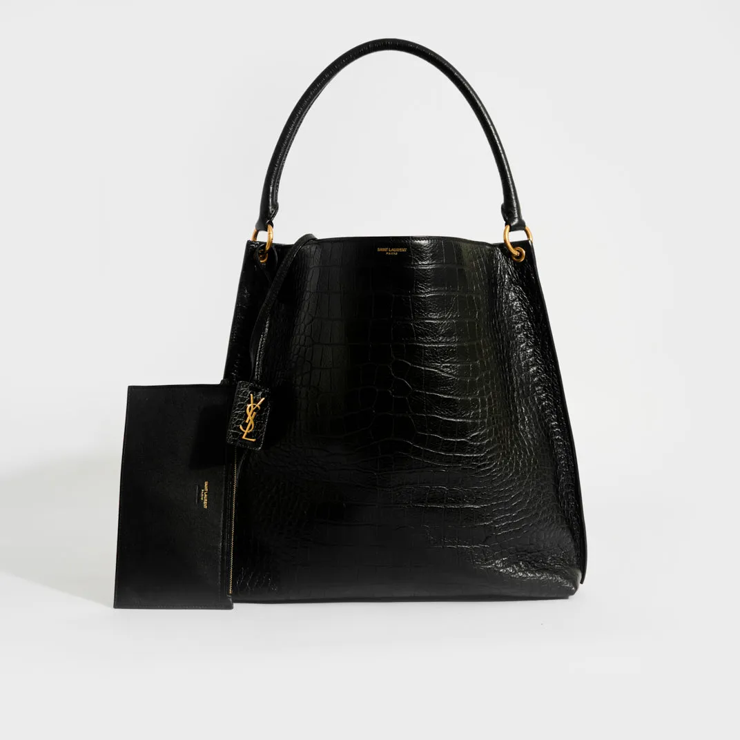Hobo Shoulder Bag in Black Mock Croc Leather